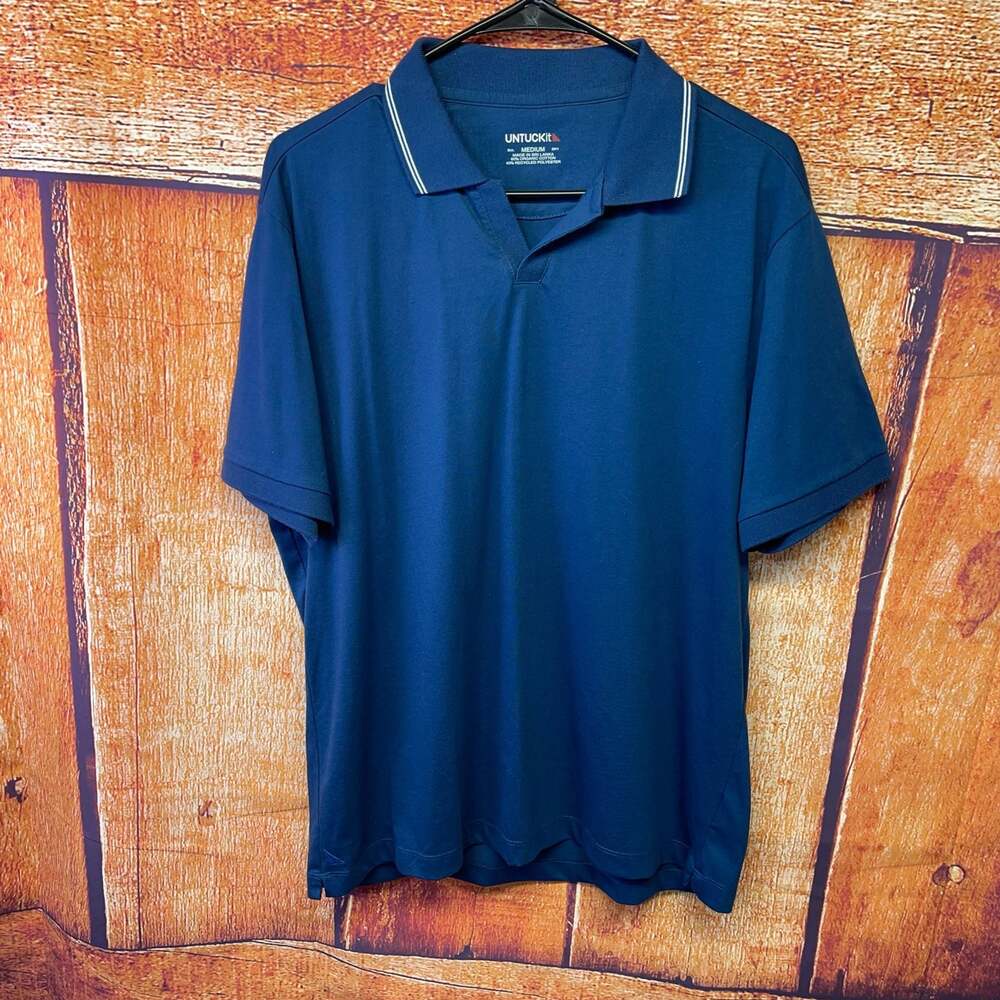 UNTUCKit Men's Medium Navy Short Sleeve Polo Shirt Contrast Tipped Collar Sz M
